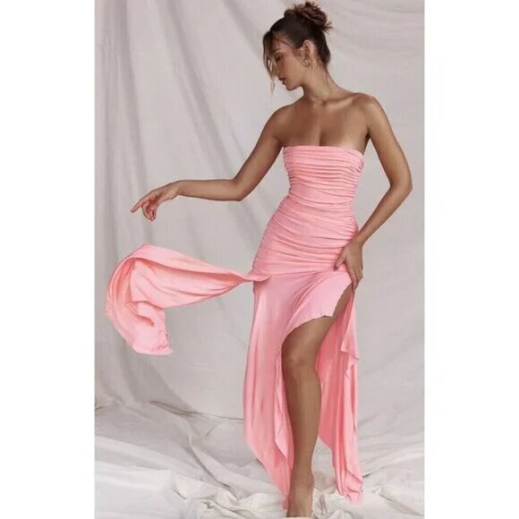 HOUSE OF CB Ivana Gathered Asymmetric Dress in Apricot Size Large - Picture 1 of 16